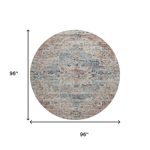 8' Beige Blue And Coral Floral Medallion Washable Round Rug With UV Protection
