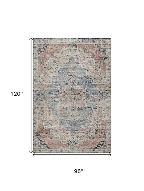 8' X 10' Beige Blue And Coral Floral Medallion Washable Area Rug With UV Protection