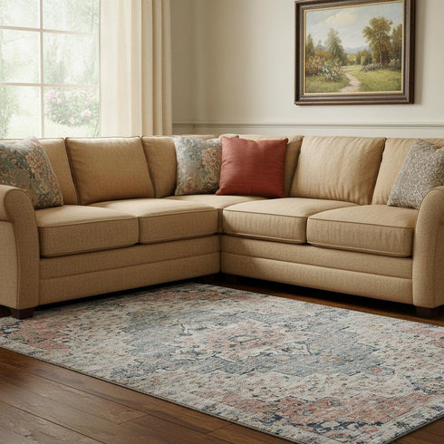 8' X 10' Beige Blue And Coral Floral Medallion Washable Area Rug With UV Protection