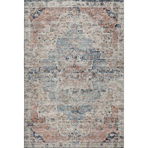 8' X 10' Beige Blue And Coral Floral Medallion Washable Area Rug With UV Protection
