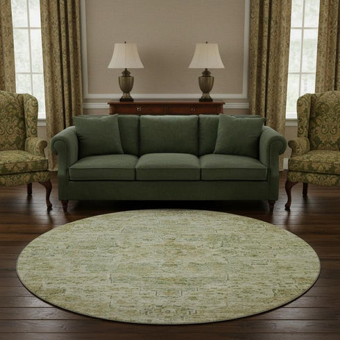 8' Sage And Wheat Floral Medallion Washable Round Rug With UV Protection