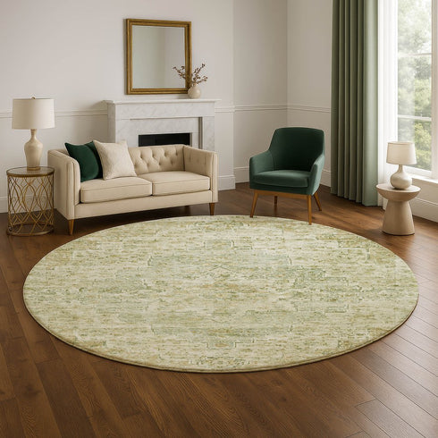 8' Sage And Wheat Floral Medallion Washable Round Rug With UV Protection