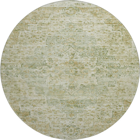 8' Sage And Wheat Floral Medallion Washable Round Rug With UV Protection