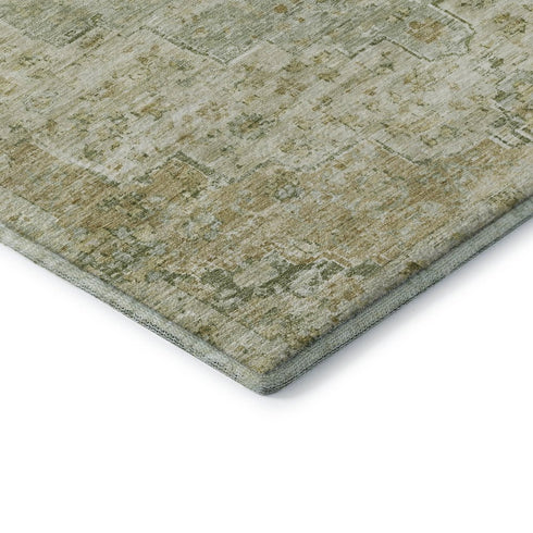 8' Sage And Wheat Floral Medallion Washable Round Rug With UV Protection