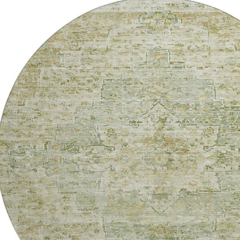 8' Sage And Wheat Floral Medallion Washable Round Rug With UV Protection