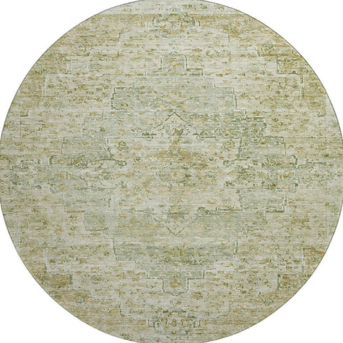 8' Sage And Wheat Floral Medallion Washable Round Rug With UV Protection