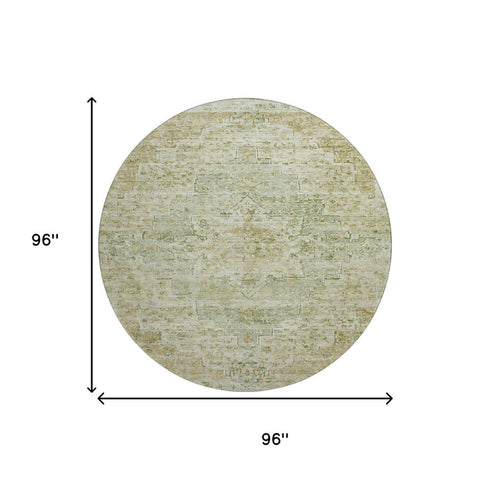 8' Sage And Wheat Floral Medallion Washable Round Rug With UV Protection