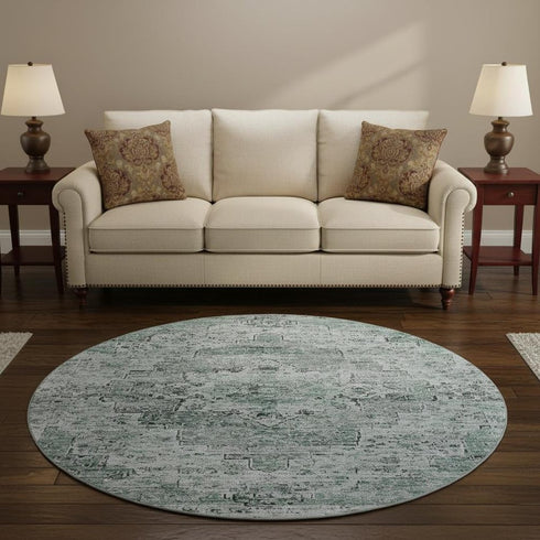 8' Teal And Gray Floral Medallion Washable Round Rug With UV Protection