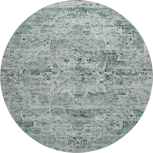 8' Teal And Gray Floral Medallion Washable Round Rug With UV Protection