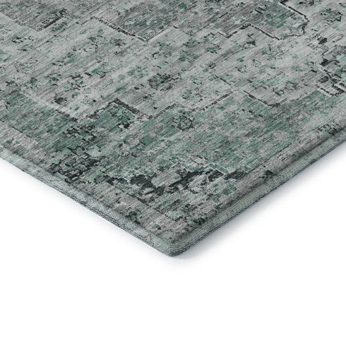 8' Teal And Gray Floral Medallion Washable Round Rug With UV Protection