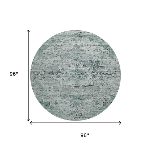 8' Teal And Gray Floral Medallion Washable Round Rug With UV Protection