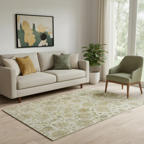 5' X 8' Beige And Wheat Damask Washable Area Rug With UV Protection