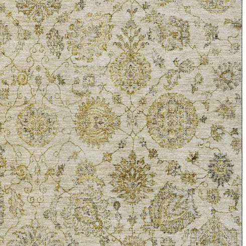 8' X 10' Beige And Wheat Damask Washable Area Rug With UV Protection