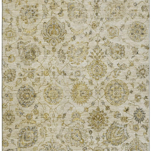 8' X 10' Beige And Wheat Damask Washable Area Rug With UV Protection