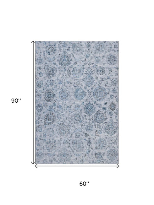 5' X 8' Blue And Gray Damask Washable Area Rug With UV Protection
