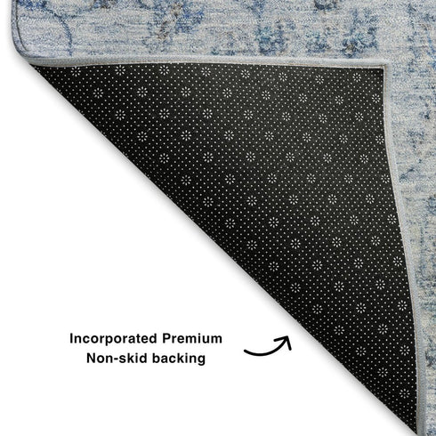 5' X 8' Blue And Gray Damask Washable Area Rug With UV Protection