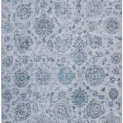 5' X 8' Blue And Gray Damask Washable Area Rug With UV Protection