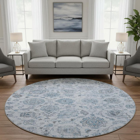 8' Blue And Gray Damask Washable Round Rug With UV Protection