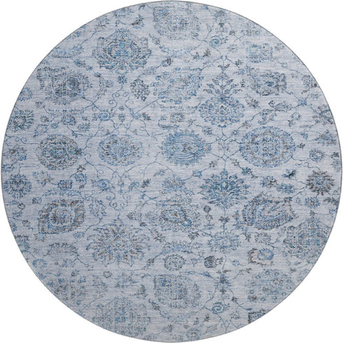 8' Blue And Gray Damask Washable Round Rug With UV Protection