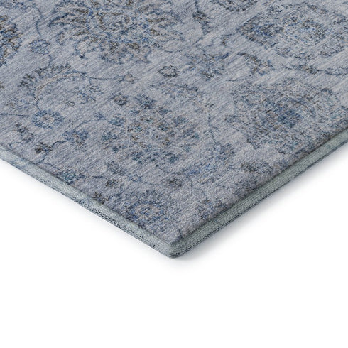 8' Blue And Gray Damask Washable Round Rug With UV Protection