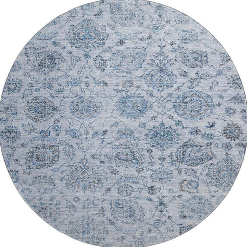 8' Blue And Gray Damask Washable Round Rug With UV Protection