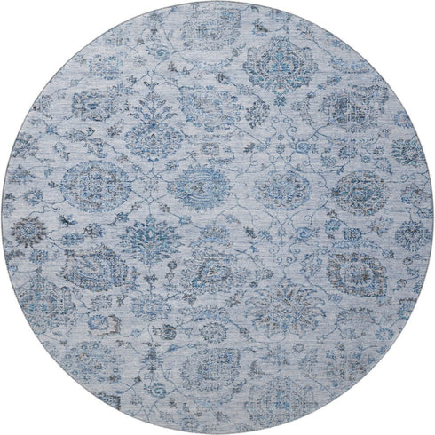 8' Blue And Gray Damask Washable Round Rug With UV Protection