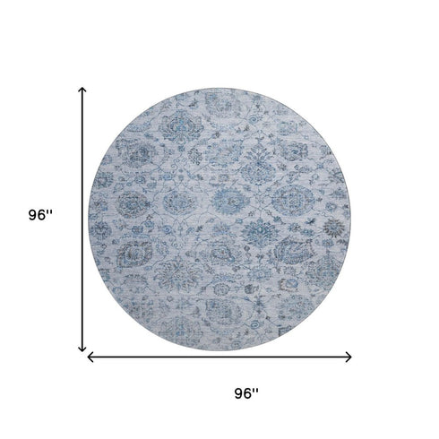 8' Blue And Gray Damask Washable Round Rug With UV Protection