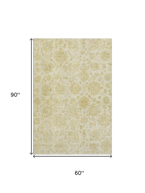 5' X 8' Gold And Beige Damask Washable Area Rug With UV Protection
