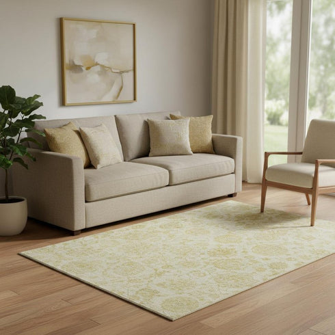 5' X 8' Gold And Beige Damask Washable Area Rug With UV Protection