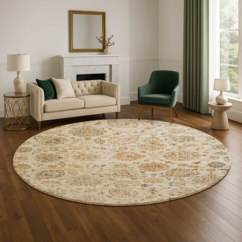 8' Linen And Gray Damask Washable Round Rug With UV Protection
