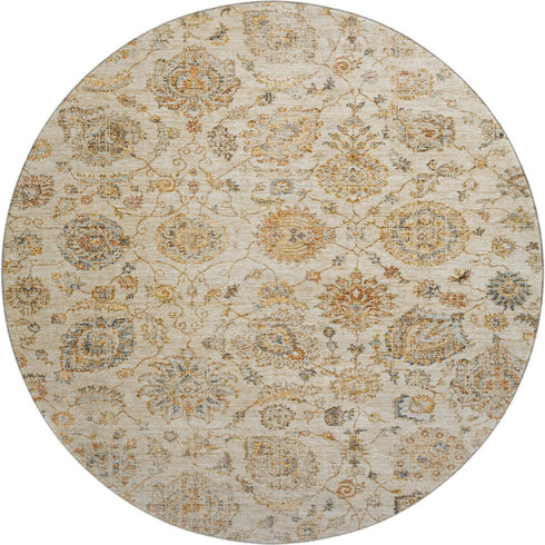 8' Linen And Gray Damask Washable Round Rug With UV Protection