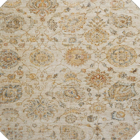 8' Linen And Gray Damask Washable Round Rug With UV Protection
