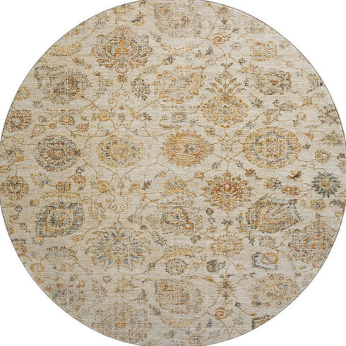 8' Linen And Gray Damask Washable Round Rug With UV Protection