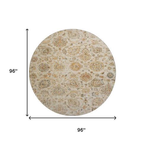 8' Linen And Gray Damask Washable Round Rug With UV Protection