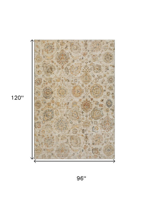8' X 10' Linen And Gray Damask Washable Area Rug With UV Protection