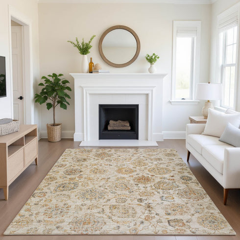 8' X 10' Linen And Gray Damask Washable Area Rug With UV Protection