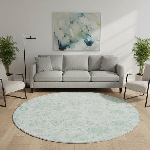 8' Turquoise And Beige Damask Washable Round Rug With UV Protection
