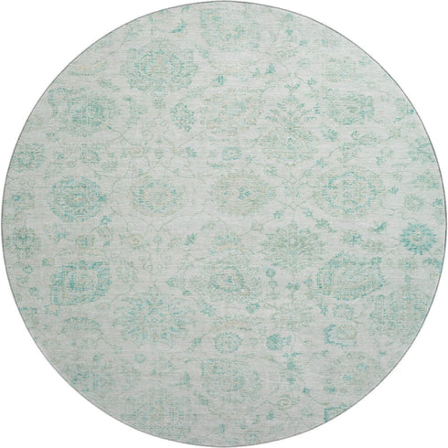 8' Turquoise And Beige Damask Washable Round Rug With UV Protection