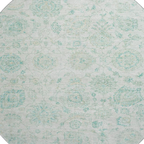 8' Turquoise And Beige Damask Washable Round Rug With UV Protection