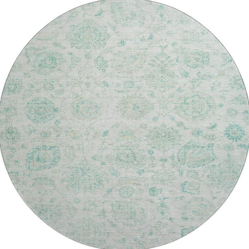 8' Turquoise And Beige Damask Washable Round Rug With UV Protection