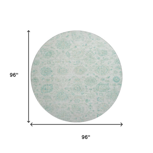 8' Turquoise And Beige Damask Washable Round Rug With UV Protection