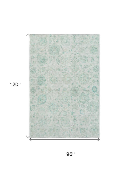 8' X 10' Turquoise And Beige Damask Washable Area Rug With UV Protection