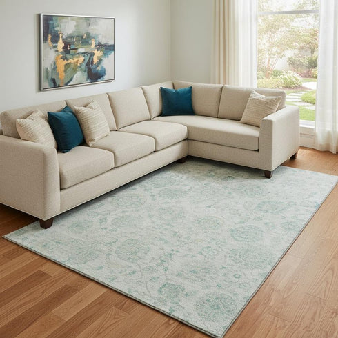 8' X 10' Turquoise And Beige Damask Washable Area Rug With UV Protection