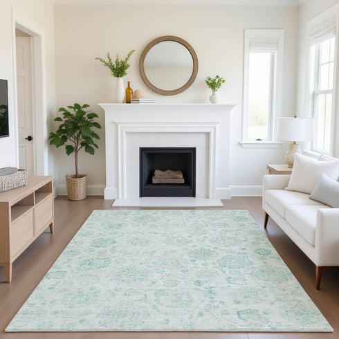 8' X 10' Turquoise And Beige Damask Washable Area Rug With UV Protection