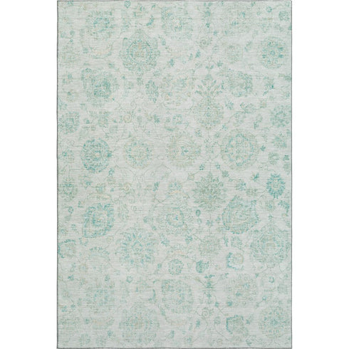 8' X 10' Turquoise And Beige Damask Washable Area Rug With UV Protection