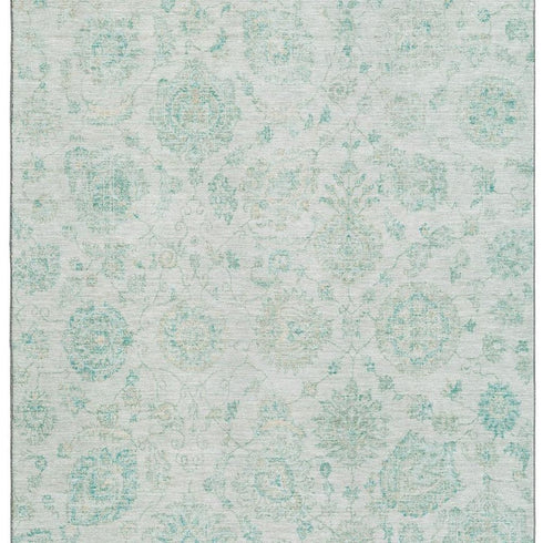 8' X 10' Turquoise And Beige Damask Washable Area Rug With UV Protection