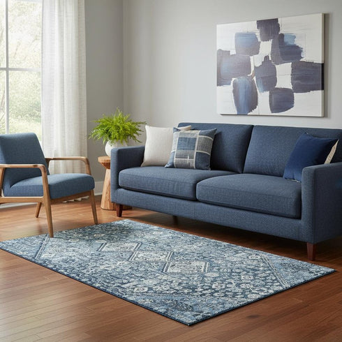 5' X 8' Blue And Ivory Geometric Washable Area Rug With UV Protection