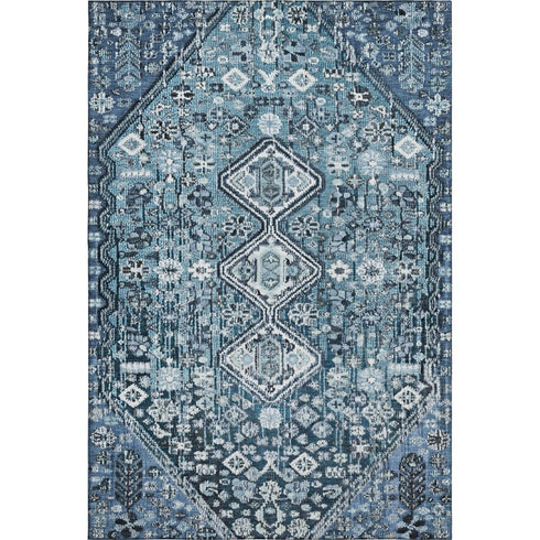 5' X 8' Blue And Ivory Geometric Washable Area Rug With UV Protection