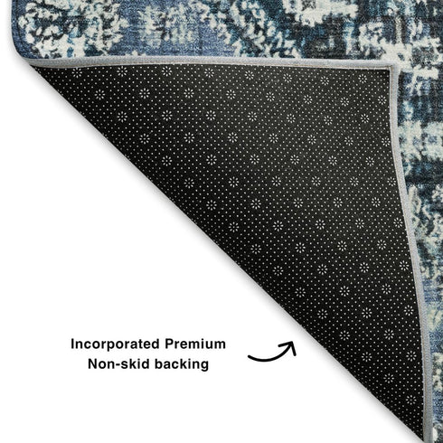5' X 8' Blue And Ivory Geometric Washable Area Rug With UV Protection