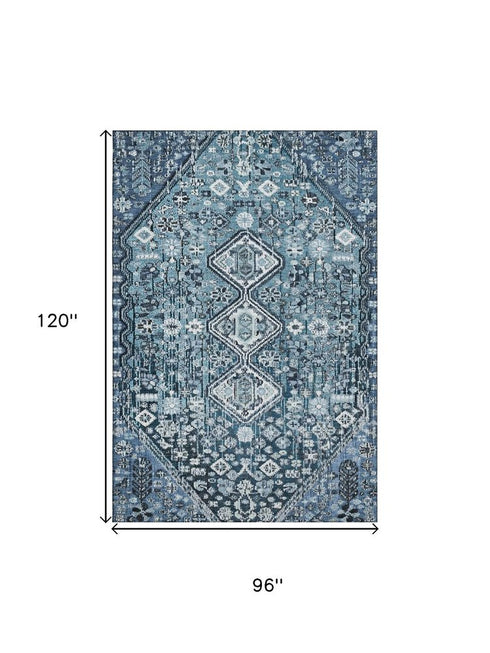 8' X 10' Blue And Ivory Geometric Washable Area Rug With UV Protection